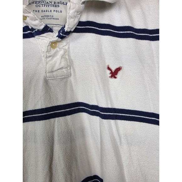 American Eagle Mens XL Vtg Fit Eagle Polo Shirt White Navy Blue Striped Cotton - Picture 3 of 7